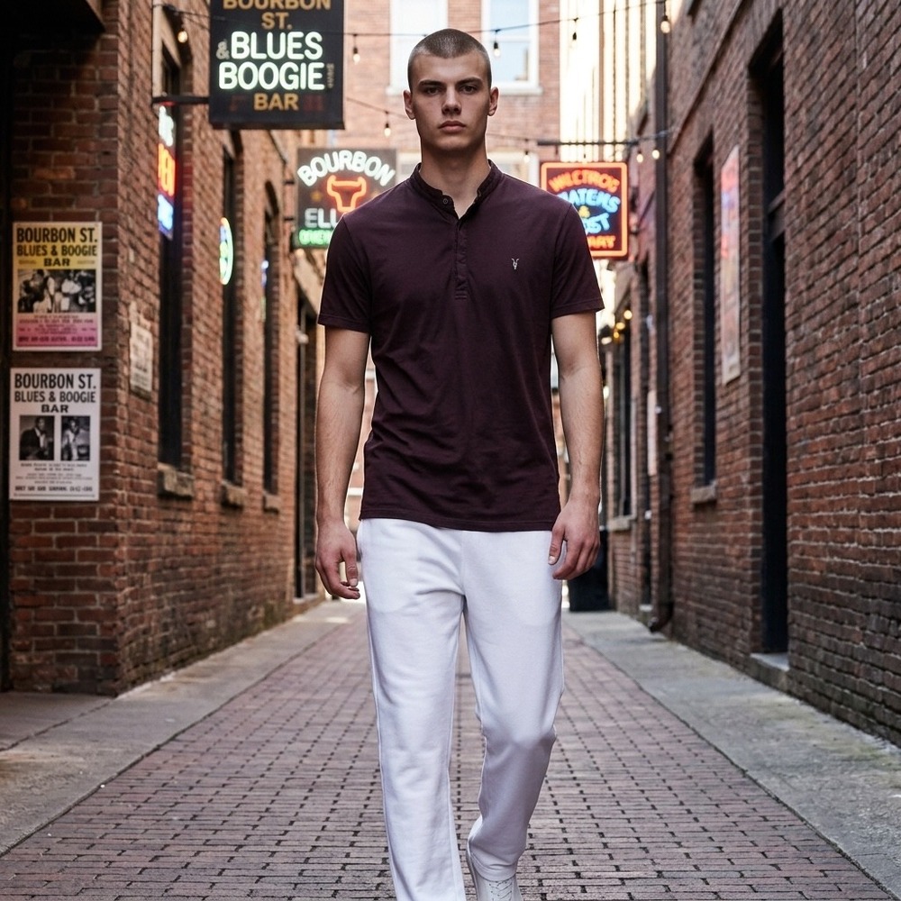 AllSaints Men XL Burgundy Ramskull Grandad Collar Short Sleeve Henley Polo Shirt